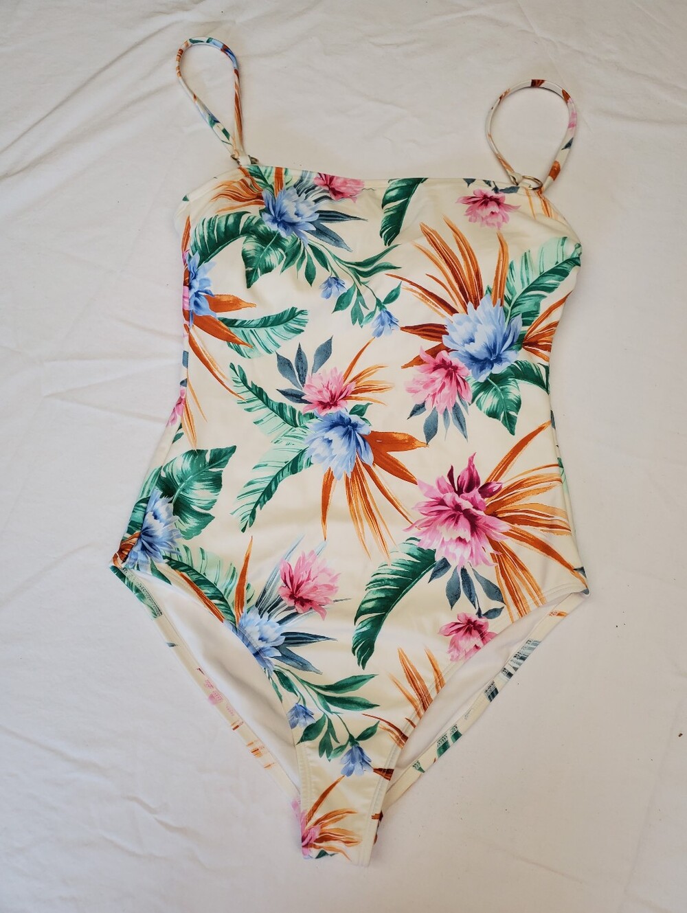 Shade & Shore One Piece Swimsuit Medium Tropical Floral Cream High Cut
